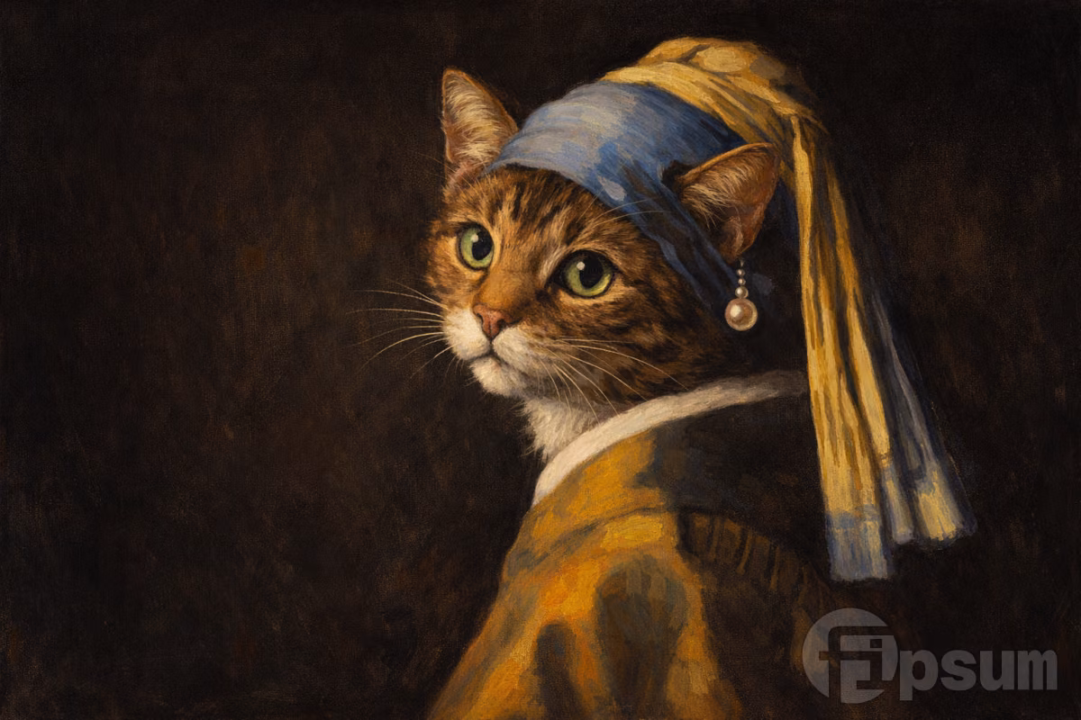 Oil painting of a cat posed like a classic Dutch Golden Age portrait, turning its head toward the viewer while wearing a pearl earring and blue-and-yellow draped fabric against a dark background.