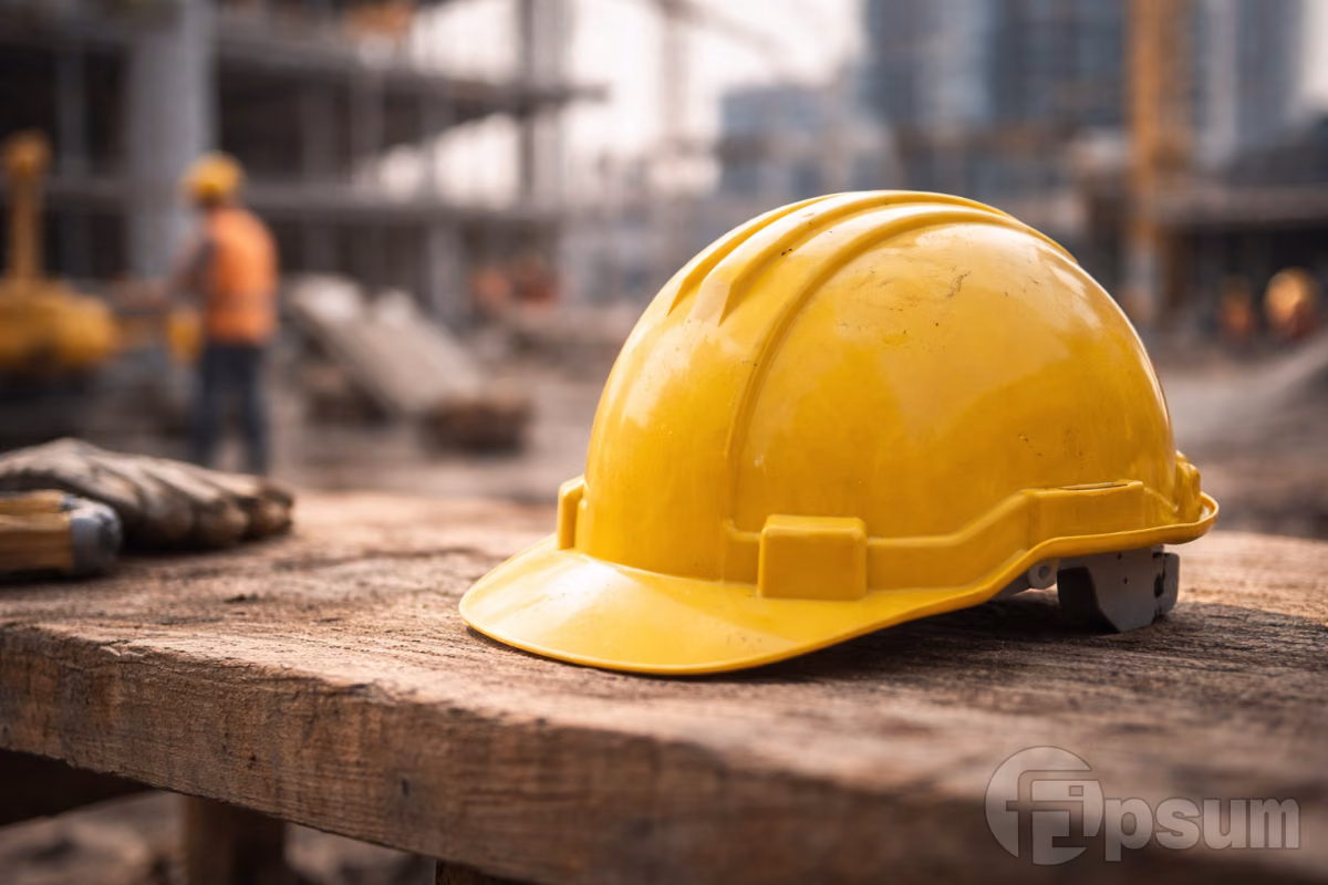 Yellow construction safety helmet resting on a rough wooden work surface at an active building site, with cranes, scaffolding, and workers softly blurred in the background.