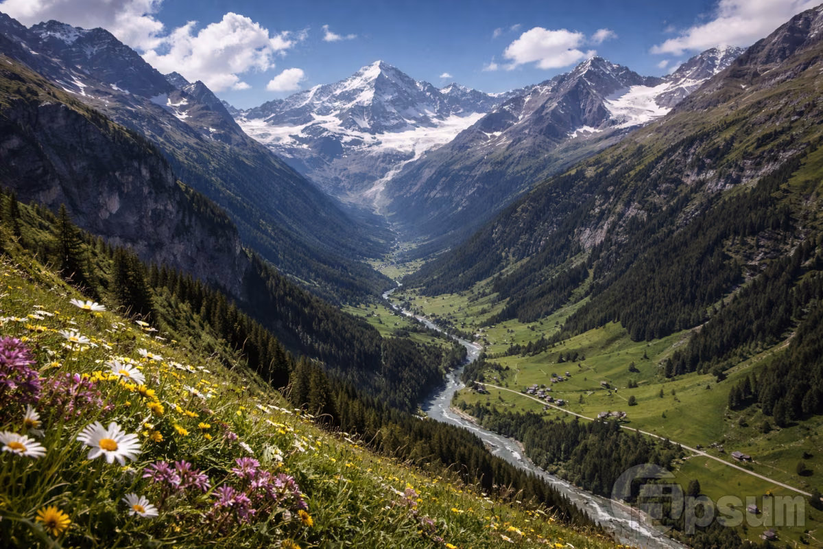 Mountain valley in the Swiss Alps with snow-capped peaks, green alpine meadows and a winding river, with wildflowers in the foreground and distant mountains sharply in focus under bright daylight.