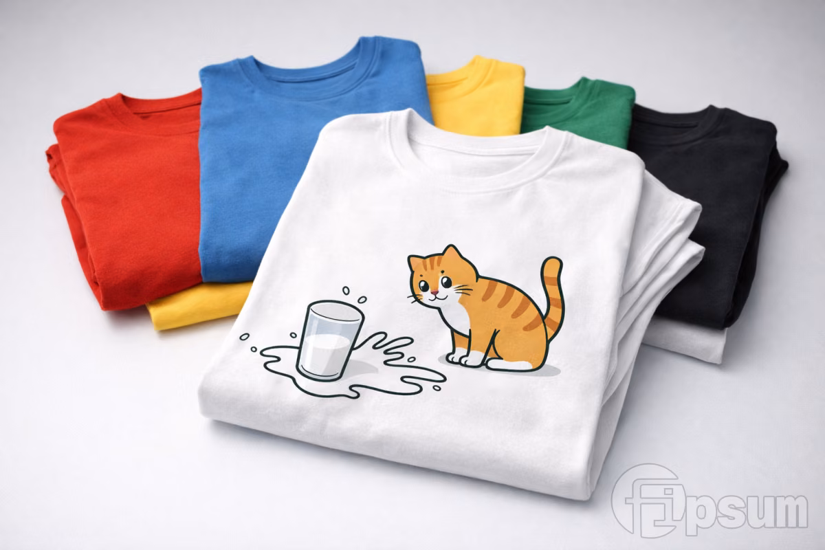 Folded T-shirts in multiple colours displayed on a studio surface, with a white shirt in the foreground showing a simple cartoon cat sitting beside a spilled glass of milk.
